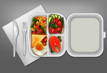 打开次饭盒与三文鱼沙拉培根鸡蛋刀叉白色塑料餐具现实构图矢量插图图片