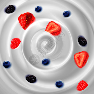 食物背景代表轻天然酸奶奶油与草莓,黑莓蓝莓现实矢量插图图片