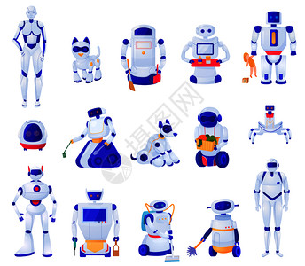 套人工智能机器的各种形状机器人,宠物家庭帮手矢量插图图片