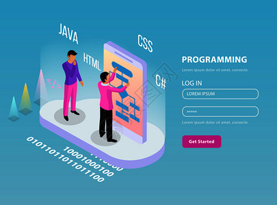 自由编程等距成与两个程序员工作登录密码线矢量插图背景图片