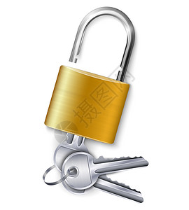 铁钥匙优雅的金色金属挂锁与三个钥匙套件白色背景现实矢量插图插画