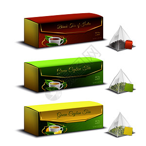 绿色黑色印度锡兰茶金字塔袋包装盒现实广告销售孤立矢量插图图片