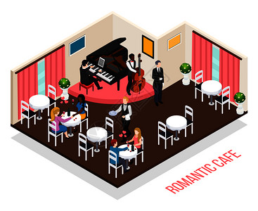 音乐家的浪漫咖啡馆钢琴家表演者比客户桌子等距构图矢量插图图片