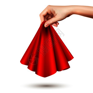 优雅的女手举红色丝绸圆形悬垂丝布,着它的中心逼真的图像矢量插图图片
