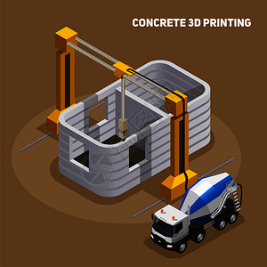 工业印刷混凝土生产等距成与三维打印建筑正建设与水泥搅拌车矢量插图插画