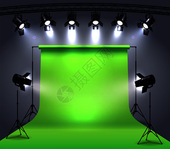 绿色度键聚光灯现实的构图与摄影棚的环境,色度键,环环相扣,周围专业的点灯矢量插图插画