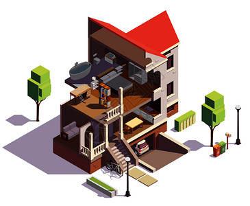 郊区建筑等距成与别墅住宅建筑剖视图与客厅矢量插图概述图片