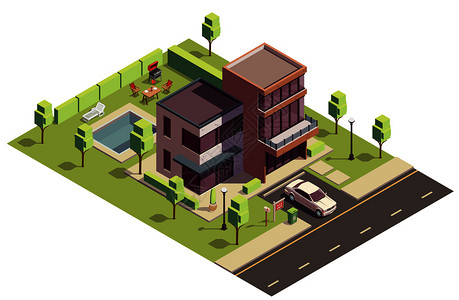 郊区建筑等距成与的私人住宅建筑与汽车后院游泳池矢量插图图片