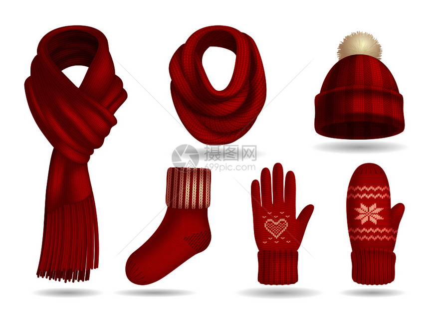 冬季红色针服装写实套带手套围巾孤立矢量插图图片