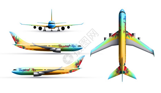 彩色客机真实身份集的客机轮廓顶部前矢量插图图片