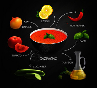 加沙加斯帕乔食谱信息布局与彩色图像文字描述汤成分现实矢量插图插画