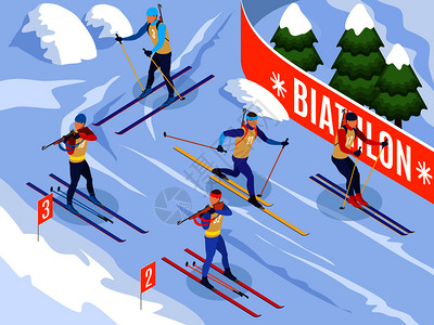 双碳行动冬季运动等距背景说明运动员滑雪参加双项比赛矢量插图插画