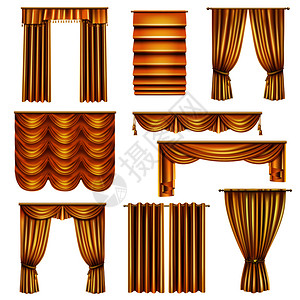 套逼真的豪华金色窗帘的各种窗帘与装饰元素矢量插图图片