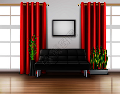 法国家具现实的房间内部与豪华红色窗帘法国窗户,皮革,黑色沙发,轻地板矢量插图插画