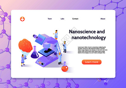 材料科学与工程水平等距纳米技术横幅与纳米科学纳米技术标题,并学更多的按钮矢量插图插画