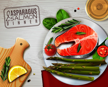 芦笋鲑鱼西红柿健康晚餐顶部视图现实广告与柠檬迷迭香砧板矢量插图图片