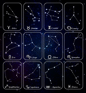 占星术星座星座星座12个迷你横幅卡片深蓝色背景孤立矢量插图背景图片