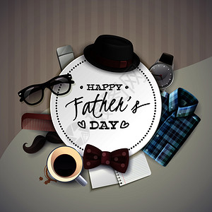 父亲节帽子领带父亲节庆祝圆框卡圆形写实构图帽子领结胡子眼镜矢量插图插画