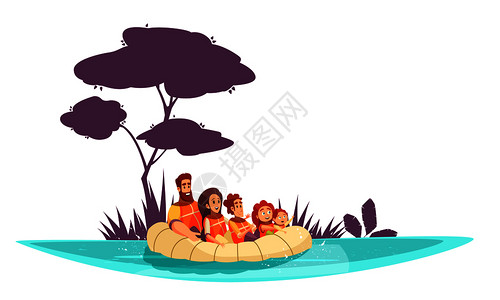 家庭活动假期,父母孩子救生衣上充气筏卡通矢量插图图片