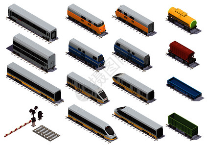 铁路列车等距单元电力机车敞篷货车客车等距矢量图图片