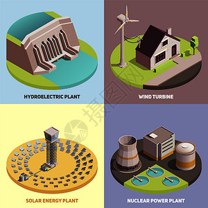 涡轮图标绿色能源生产4等距图标与风力涡轮机水电太阳能发电厂矢量插图插画