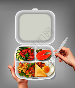 打开次塑料午餐盒与鲑鱼沙拉培根鸡蛋手叉子现实构图矢量插图图片