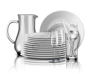 餐具洗涤干净的餐具逼真的理念与堆叠的白色盘子,璃罐酒杯矢量插图插画