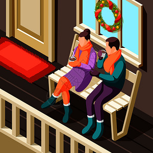五香舒适的冬季诞节背景,轻夫妇坐阳台上,用热饮等距矢量插图热身插画