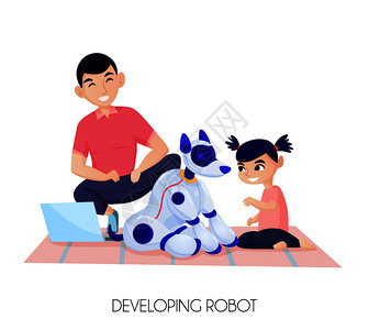 人工智能儿童发展小女孩与机器人狗交流时,白色背景矢量插图上图片
