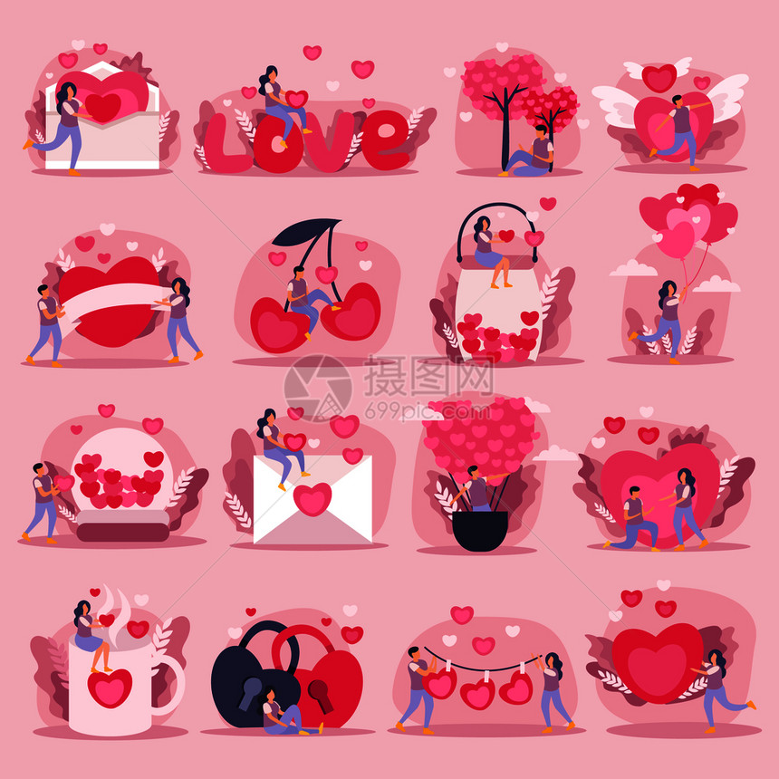 平粉红色爱情夫妇图标贴纸与小大的心象征的感情浪漫的夫妇矢量插图图片