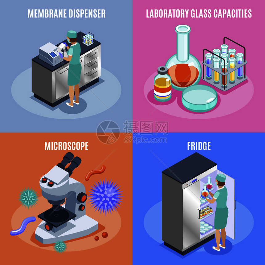四个方形等距微生物学图标与膜分配器实验室璃容量显微镜冰箱描述矢量插图图片