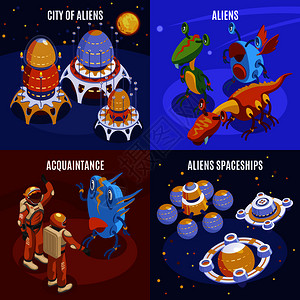 四个外星人等距构成与外星人城市熟人宇宙飞船描述矢量插图图片