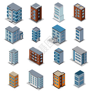 联排别墅建筑图标与城市景观等距孤立矢量插图高清图片