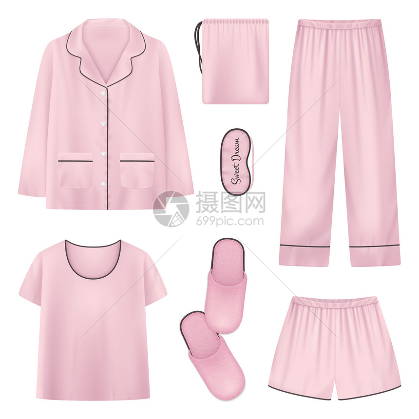 粉红色现实睡衣房子拖鞋睡眠时间图标衬衫拖鞋裤子矢量插图图片