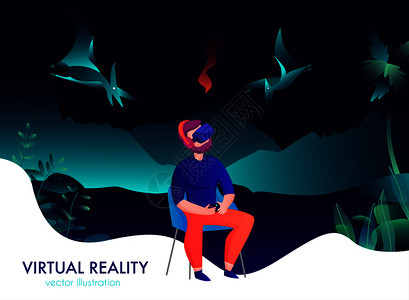 虚拟现实构图与人护目镜上观看飞行龙卡通矢量插图背景图片