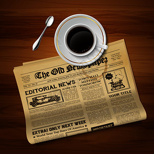 旧英文报纸古老的晨报与杯黑咖啡经典仪式,现实的顶部视图,复古图像矢量插图旧报纸的老式形象插画