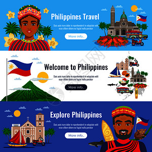 马尼拉地标菲律宾水平横幅与旅行象地标上的蓝白色背景孤立矢量插图插画