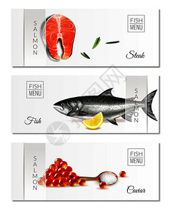现实的三个水平横幅与鱼菜单,鲑鱼牛排鱼子酱分离矢量插图图片