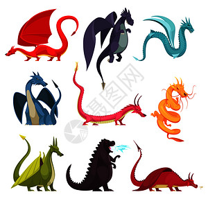 趣的彩色火呼吸龙,怪物,奇怪的蛇,像生物,平卡通图标,矢量插图背景图片