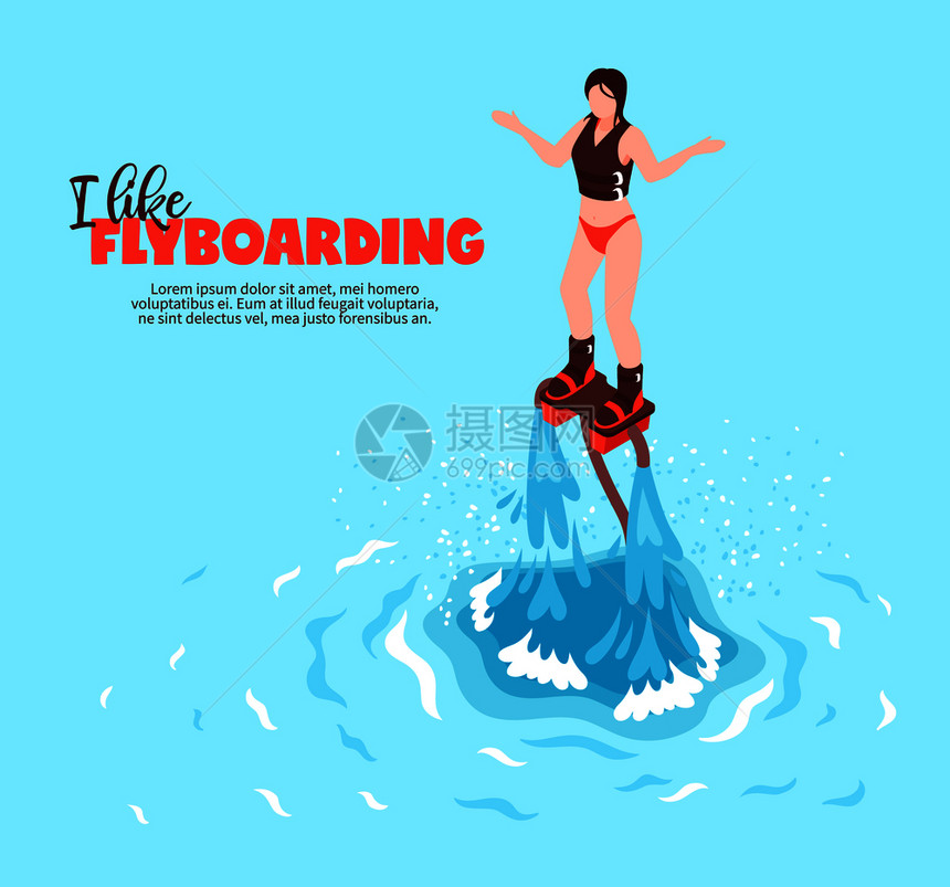 极端夏季水上运动等距海报与轻妇女穿着泳衣飞板矢量插图图片
