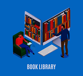 线图书馆与抽象计算机人选择书籍的蓝色背景三维等距矢量插图图片