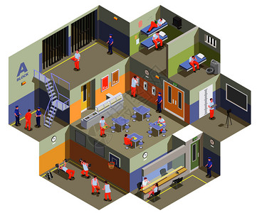 监狱拘留设施内部等距成分与囚犯牢房,食堂,健身房探视区矢量插图图片