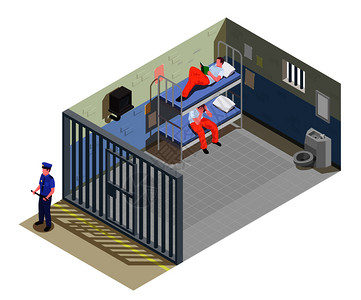 监狱为两名囚犯锁定的牢房,囚犯穿着制服保安等距构成矢量插图插画