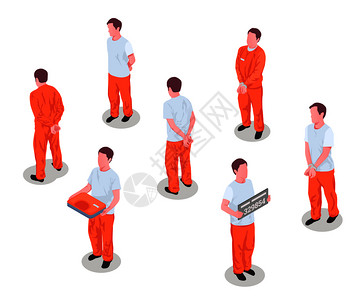 刑法上的囚犯罪犯逮捕被监禁的人男人物监狱被拘留者制服等距矢量插图插画