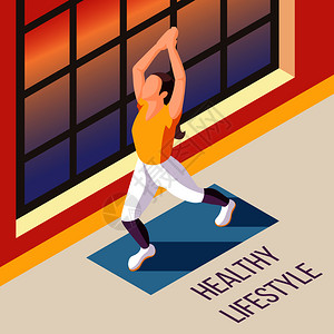 健身房拉伸健康生活方式等距背景与轻女健身房矢量插图中进行健身锻炼插画