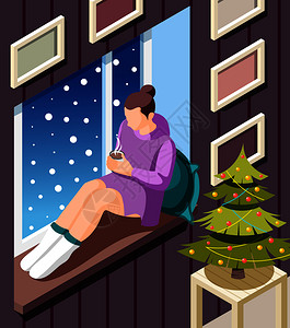 五香鲅鱼舒适的冬季等距背景,轻的女人坐窗台上,诞树矢量插图上用热可可热身插画