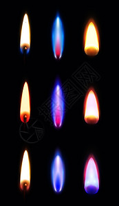 各种颜色的火焰现实的火焰,各种形状颜色的匹配打火机蜡烛,深色背景矢量插图插画