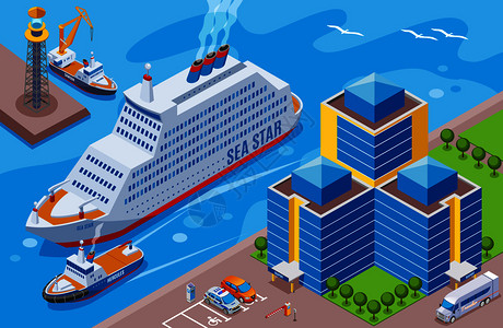 海港等距彩色与大船名为海星航行港口矢量插图图片