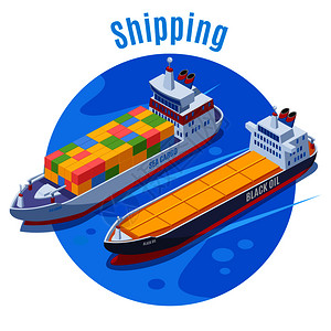 圆形海港等距背景与两艘物流船蓝色喜爱大标题航运矢量插图背景图片
