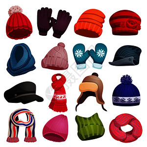 季节冬季围巾帽子帽手套手套套与16个彩色图像空白背景矢量插图图片